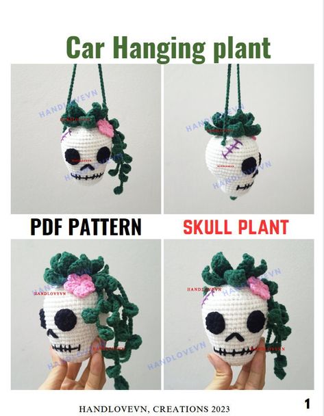 Hanging Skull Planter Crochet Pattern, Crochet Skull Plant Hanger, Crochet Rearview Mirror Decoration Free Pattern, Spooky Crochet Pattern, Car Hanging Plant, Crochet Halloween Decorations, Skull Crochet, Crochet Pour Halloween, Gifts For Halloween