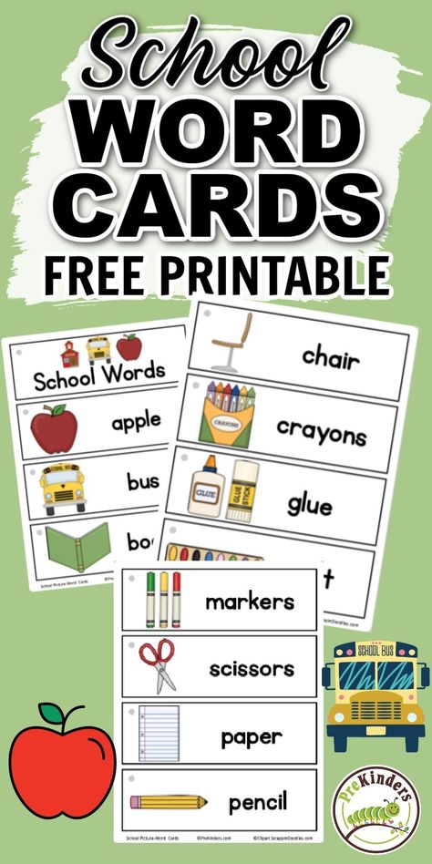 Prekinders features this colorful set of printable school word cards. This set is great to use at the beginning of the school year! Grab this free printable and check out Prekinder's creative ideas to use these word cards! Word Wall Preschool Free Printables, School Words With Pictures, Say It Make It Write It Printable Free, Panda Classroom, Word Wall Ideas, School Words, Book Chair, Come Back To School, Language Concepts