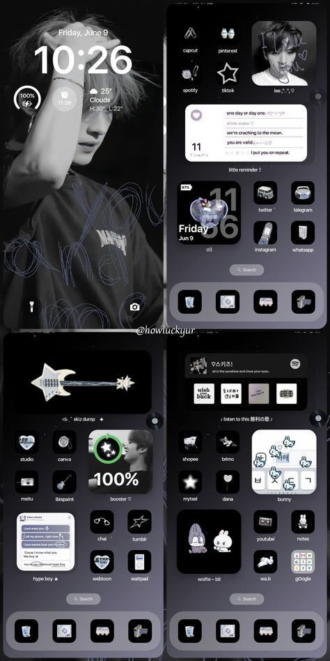 Lee Know Phone Layout, Lee Know Homescreen Layout, Phone Themes Ideas, Phone Theme Ideas, Android Organization, Ios Theme, Home Lock Screen, Fotografi Digital, Iphone Home Screen Layout