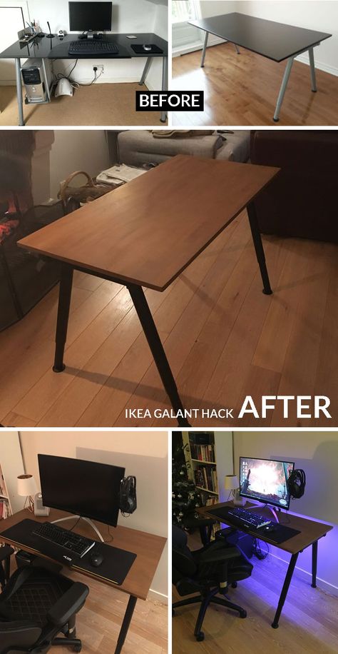 IKEA HACK.  DIY custom desk based on old Ikea galant desk. Ikea Galant Desk, Ikea Galant, Desk Hacks, Custom Desk, Diy Cans, Ikea Hacks, Ikea Hack, Diy Custom, Standing Desk