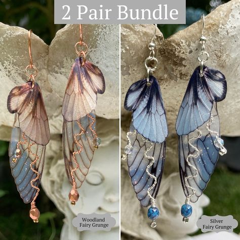 Fairy Jewelry Diy, Ear Ideas, Fairy Wing Earrings, Earrings Cottagecore, Grunge Earrings, Fantasy Pendant, Cottagecore Jewelry, Silver Fairy, Bubble House