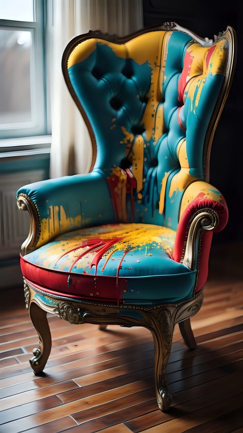 Baroque Chair, Container Living, Statement Chair, Splattered Paint, Designer Chair, Props Concept, Statement Chairs, Painted Chair, Artistic Furniture