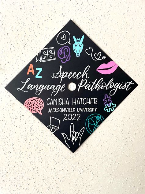 It Graduation Cap, Grad School Graduation Cap, Slp Party Ideas, Slp Cap Decoration Graduation, Speech Language Pathology Graduation Cap, Master Graduation Cap, Slp Cap Decoration, Slp Graduation Party, Asl Graduation Cap