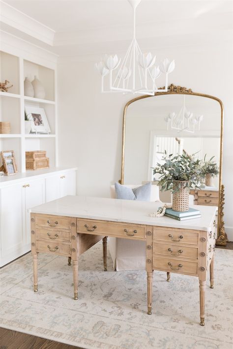 Natural Wood Desk, Neutral Coastal Decor, Oak Office, Coastal Oak, White Paint Color, Beige Cabinets, White Marble Floor, Refinishing Furniture Diy, Best White Paint