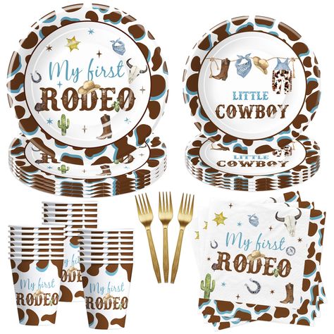 PRICES MAY VARY. 【Rodeo 1st Birthday Decorations】Featuring charming cowboy-themed illustrations, our first rodeo birthday party decorations boy tableware sets the perfect scene for a memorable first birthday party. Adorned with playful images of rodeo hats, and boots, it adds a festive flair to your celebration 【Complete Party Solution】This brown wild west cowboy first birthday decorations dinnerware set can accommodate up to 24 guests and includes everything you need: 24pcs 9'' first rodeo dinn 1st Cowboy Birthday Party, Cowboy First Birthday Party Decor, Western First Birthday Boy, First Birthday Table Decorations, My 1st Rodeo Birthday Party, Wild West First Birthday, My First Rodeo Birthday Boy, First Rodeo Birthday Boy, My First Rodeo Birthday Party