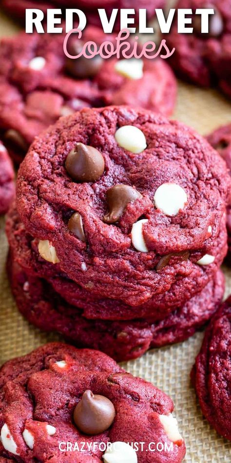 Soft & Chewy Red Velvet Cookies - Crazy for Crust Red Velvet Cookies Recipe, Fancy Sweets, Red Velvet Cookie Recipe, Cookies Cupcake, Cookie Recipes From Scratch, Velvet Cookies, Cookies From Scratch, Red Velvet Cookies, Perfect Chocolate Chip Cookies