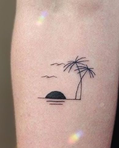 Sea Sunset Tattoo Minimalist, Ocean Symbols Tattoo, Sunset Minimal Tattoo, Coconut Tree Tattoo Minimalist, Minimal Sea Tattoo, Coconut Tree Tattoo Design, Coconut Tattoo Minimalist, Sea Minimalist Tattoo, Coconut Tree Tattoo