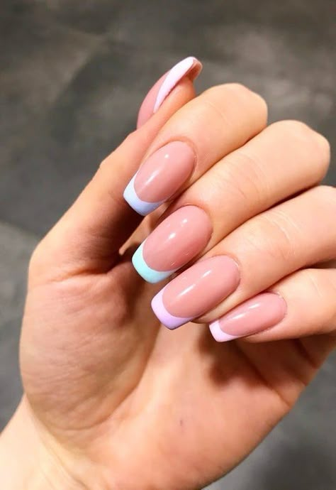 Pastel Manicure, Colored Nail Tips, Opal Nails, French Tip Nail Designs, French Manicure Nails, French Tip Acrylic Nails, French Nail Designs, Short Acrylic Nails, French Tip Nails