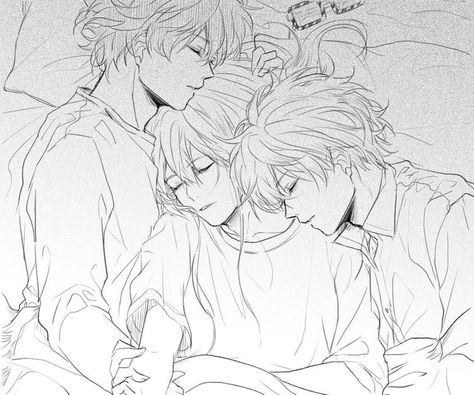 Trio Sleeping Reference, Couple Sleeping Reference, Throuple Reference Drawing, Anime Sleeping, Bed Drawing, Triangle Drawing, Sleeping Pose, Mystic Messenger 707, Parc D'attraction