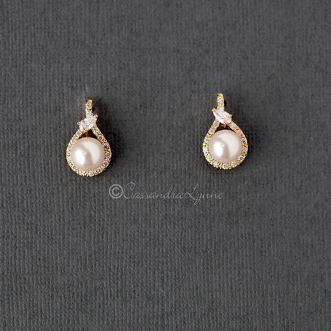 CZ Wrapped Ivory Pearl Stud Earrings - Cassandra Lynne Unique Pearl Earrings, Gold Bridal Hair Accessories, Pearl Earrings Designs, Real Pearl Earrings, Delicate Gold Jewelry, Modern Gold Jewelry, Art Jewelry Design, Gold Earrings For Women, Contemporary Earrings