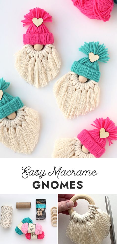 Its Always Autumn Crafts, Diy Rope Gnomes, Gnome Wall Hanging Diy, Gnomes Made From Yarn, Small Macrame Patterns Free, Macrame Easy Projects, Macrame Christmas Gnomes Diy, Fun Macrame Projects, Things To Make For Christmas To Sell