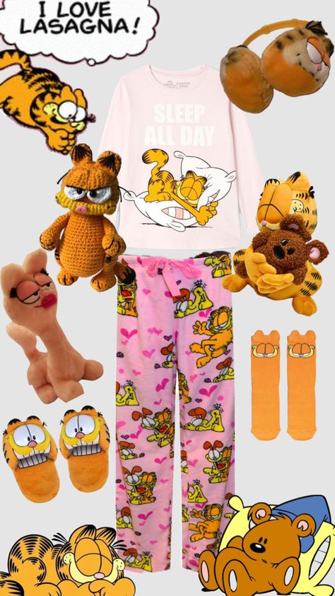 #garfield #garfieldthecat #outfitinspo #plushies #cats Garfield Pajama Pants, Garfield Pjs, Garfield Onesie, Garfield Pajamas, Garfield Videos, Garfield House, Garfield Stuff, Pretty Red Dress, Fat Orange Cat