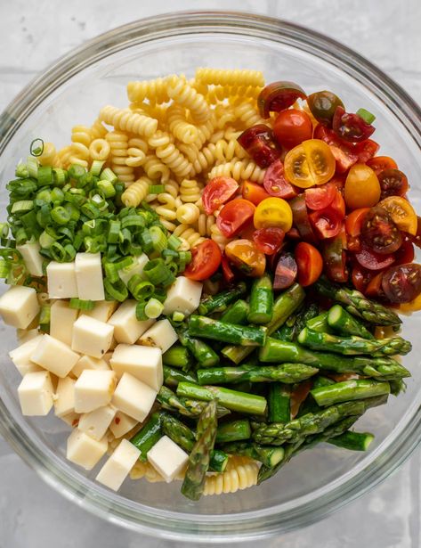 pasta, scallions, tomatoes, asparagus, cheddar in a bowl Spring Pasta Salad Recipes, Salad Recipes Spring, Pasta Salad With Asparagus, Salad With Honey Mustard Dressing, Spring Pasta Salad, Asparagus Pasta Salad, Asparagus Salad Recipe, Salad Spring, Salad With Asparagus