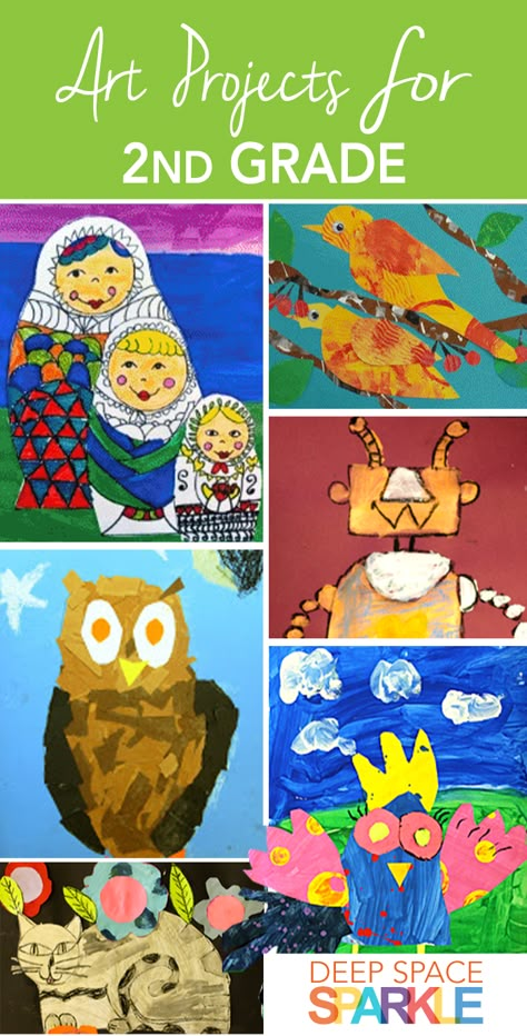 100 Art Projects for Second Grade Students. Project ideas and lesson plans include: art collages, painting, mixed media, clay and many more! Art Projects For 2nd Grade, Projects For 2nd Grade, Chuck Close Art, Kindy Art, Mixed Media Clay, Grade 1 Art, Animals Crafts, Art Docent, Deep Space Sparkle