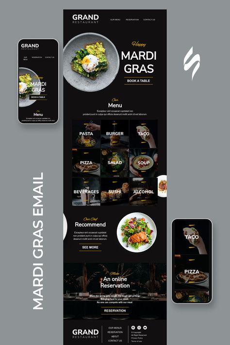 Mardi Gras Email Template "Grand restaurant" for Restaurants industry. Create professional, responsive emails fast with no coding skills. Follow us on Pinterest for more inspiration and tips. 🤗 #mardigras #stripoemail #emailnewsletter #emailtemplate #emaildesign #emailmarketing Restaurant Email Design, Newsletter Design Templates, Coding Skills, Mail Template, Email Marketing Design Inspiration, Holiday Emails, Email Blast, Email Template Design, Responsive Email