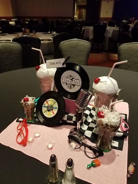 50s centerpiece Decades Party, 50s Theme Parties, Decade Party, 50s Diner, Fund Raiser, Volunteer Appreciation, Party Centerpiece, Retro Diner, 50th Party