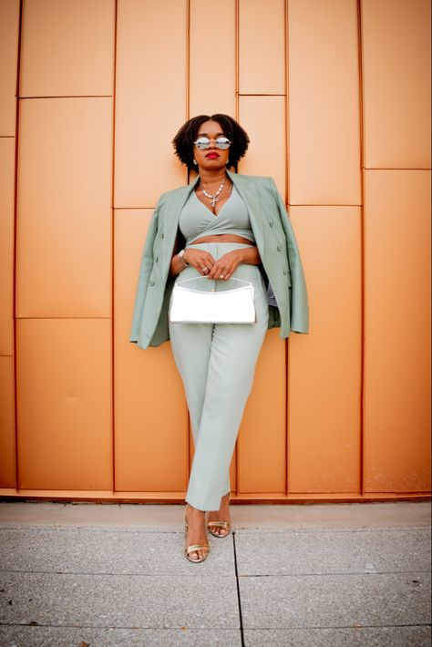 Sage Green Styled for Monochromatic Look #fashioninfluencer #styleinfluencer #fashion Sage Green Work Outfit, Sage Green Outfit Ideas, Sage Outfits, Sage Green Outfit, Green Blazer Outfit, Green Outfit Ideas, Studio Workspace, Photoshoot Moodboard, Workspace Ideas