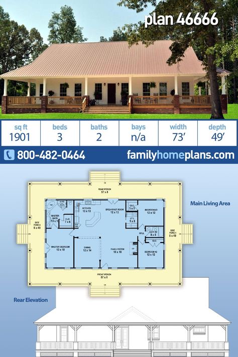 Country, Farmhouse, Ranch, Southern House Plan 46666 with 3 Beds, 2 Baths Pelan Lantai Rumah, Low Country House Plans, Dröm Hus Planer, Low Country House, Southern Style House, Southern Style House Plans, Shop Barndominium, Pelan Rumah, Country Style House Plans