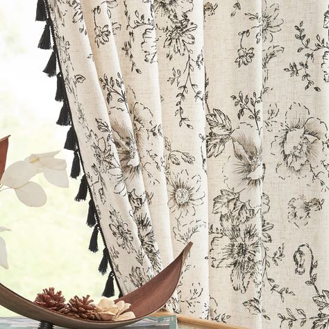 Patterned Living Room Curtains, Rustic Curtains Farmhouse Style, Kitchen Curtain Ideas Farmhouse, Vintage Curtains Bedroom, Floral Curtains Bedroom, Shabby Chic Living Room Vintage, Curtains For Home Office, Farmhouse Curtains Living Room, Curtains With Tassels