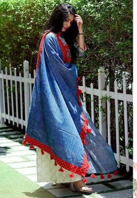 Linen Dupatta, Khadi Kurta, Draping Styles, Stripe Suit, Off White Pants, Colour Full, Pompom Scarf, Pink Tunic, Cotton Dupatta