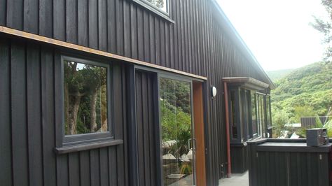 stain Ply And Batten Cladding, Anthracite Windows, Weatherboard Cladding, Board And Batten Cladding, Batten Board, Cladding Ideas, Black Cladding, Mahone Bay, Black Kitchen Decor