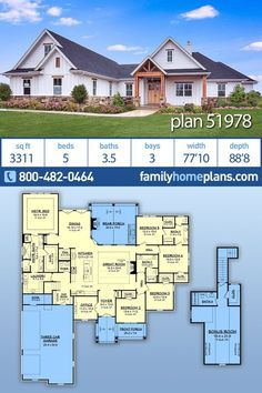 Modern Craftsman Home, Southern Style House, 5 Bedroom House Plans, Southern Style House Plans, Southern House Plan, Craftsman Farmhouse, Farmhouse Floor Plans, Bed Car, Modern Craftsman