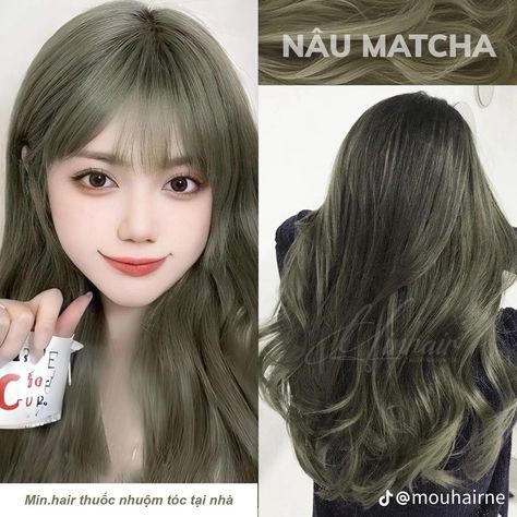 Matcha Green Hair Color, Greenish Brown Hair, Ash Green Hair Color, Sage Hair, Ashy Hair, 2025 Goals, Korean Hair Color, Ash Hair, Ash Hair Color