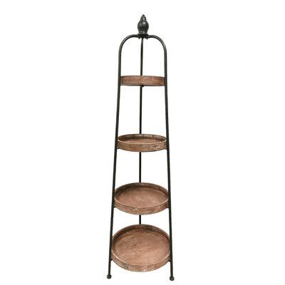 Increase organization in your home with this four-tier stand | Black Iron Geometric Bookcase | Millwood Pines Zslater 66" H x 18" W Iron Geometric Bookcase in Black / Brown | 66 H x 18 W x 18 D in | Wayfair Geometric Bookcase, Solid Wood Shelves, Iron Shelf, Etagere Bookcase, Large Shelves, Tiered Stand, Wayfair Furniture, Vertical Frames, Small Shelves