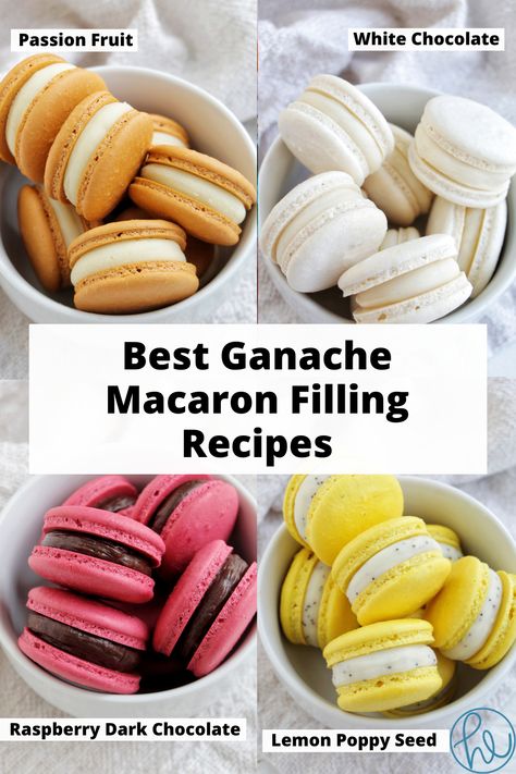 four different flavors of macarons. Macaroons Flavors Macaron Filling, Best Macaron Filling Recipe, White Chocolate Macaron Filling, Perfect Macaron Recipe, Chocolate Ganache Macaron Filling, Macaron Ganache Recipe, Beginner Macarons, Macaron Fillings Ideas, Lemon Macaron Filling