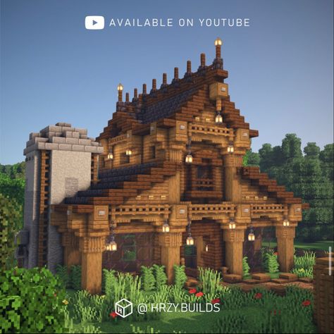 Minecraft Medieval Trading Hall, Saloon Minecraft, Minecraft Medieval Train Station, Chest House Minecraft, Medieval Barn Minecraft, Minecraft Medieval Barn, Midevil Minecraft Town, Medieval Town Minecraft, Manor Minecraft