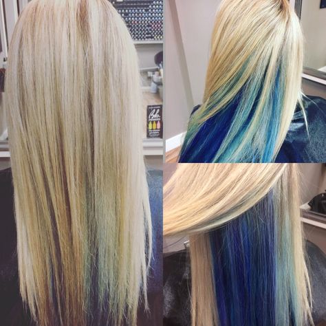 Blue highlights Peek a boo highlights blue hair mermaid hair blonde hair with blue highlights Blue Peak A Boo Hair Blonde, Blond With Blue Highlights, Blue Peekaboo Hair Blonde, Blonde Hair Blue Tips, Highlights Blue Hair, Blonde Hair With Blue Highlights, Blue Hair Mermaid, Blue Peekaboo Highlights, Peek A Boo Highlights