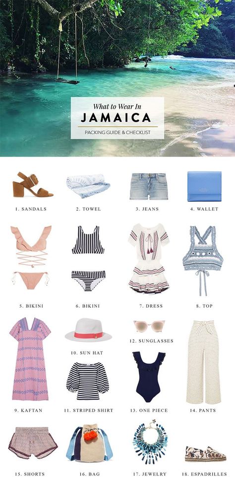 Jamaica packing guide for people traveling to the Caribbean. Click through for travel advice on what to wear, tropical / beach outfit inspiration and a packing checklist. What To Wear In Jamaica, What To Pack For Jamaica, Travel Outfit Summer Tropical Vacations, Jamaica Outfits, People Traveling, Jamaica Vacation, Packing Guide, Packing List For Vacation, Jamaica Travel