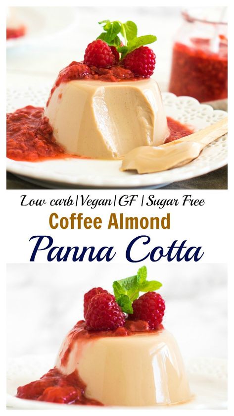 Low carb vegan coffee almond panna cotta with mixed berry compote Mixed Berry Compote, Low Calorie Vegan, Vegan Coffee, Panna Cotta Recipe, Low Carb Easy, Cake Mug, Berry Compote, Keto Friendly Desserts, Low Carb Vegan