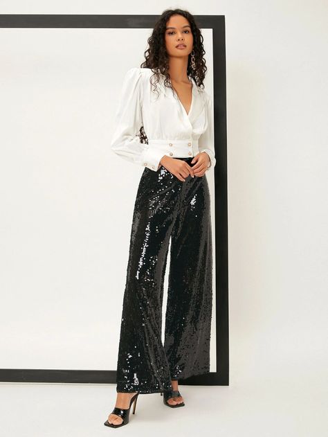 l Black Sequin Pants Outfit, Sequence Pants, Sequins Pants Outfit, Black Sequin Pants, Vegas Outfits, Las Vegas Outfit, Sequin Pant, Sequin Knit, Knit Trousers