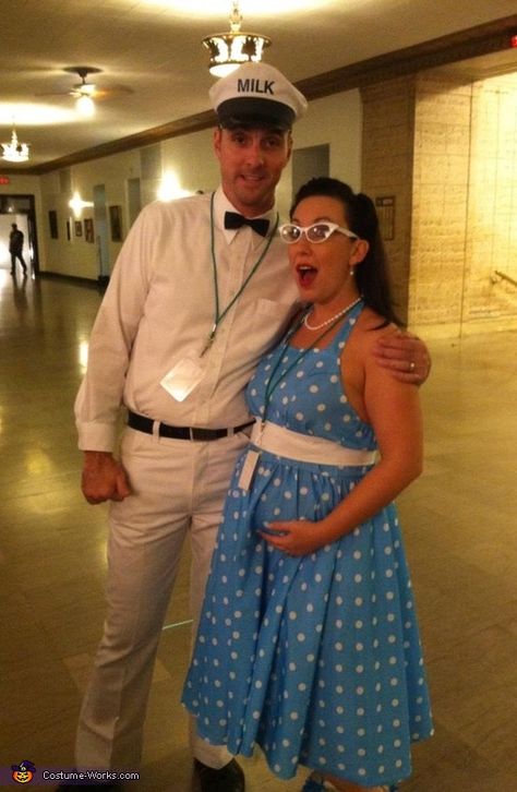 50s Housewife and the Milkman Halloween costume...for the love of God, Sheena, please do this for Halloween! Milkman Costume, Pregnant Housewife, Couple's Costume, 50's Housewife, Couples Costume Ideas, 50s Housewife, Couples Costumes Creative, The Milkman, 1950s Housewife