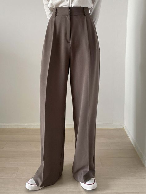 Coffee Brown    Polyester Plain  Embellished Slight Stretch  Women Suits Brown Trousers Women, Brown Trousers Outfit Women, Brown Trousers Outfit, Tailored Pants Women, Women Suit Pants, Korean Fits, Brown Trousers, Trouser Outfit, Women Suits