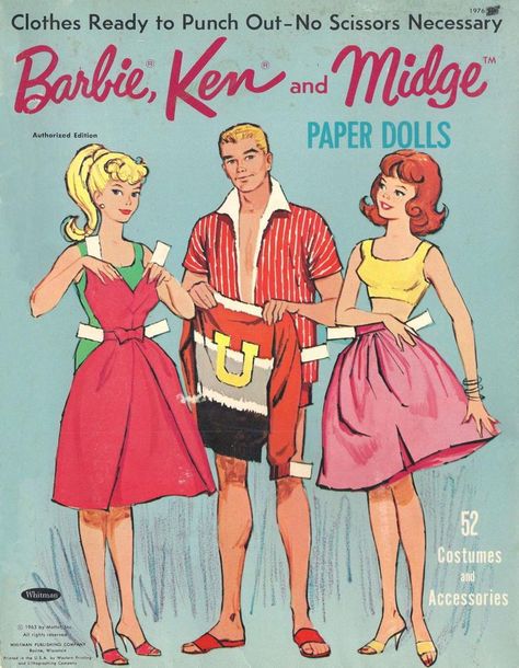 Barbie, Ken and Midge, 1960s Paper Dolls Retro Barbie, Barbie Paper Dolls, Barbie Coloring, Fun Memories, 강아지 그림, Barbie Ken, Paper Dolls Book, Paper Dolls Printable, Barbie Vintage