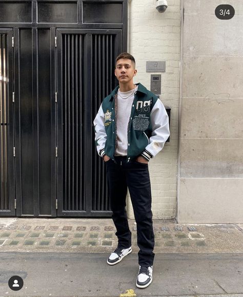 Varsity Jacket Outfit Mens, Baseball Jacket Outfit, Green Varsity Jacket, Fashion Aesthetic Outfits, Varsity Jacket Outfit, Vintage Varsity Jacket, Spiritual Fashion, Trendy Boy Outfits, Mens Casual Outfits Summer