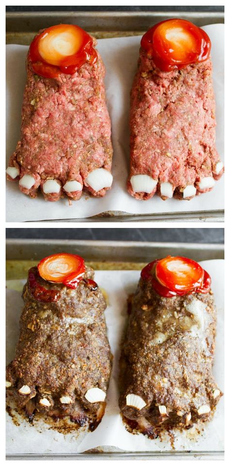 Halloween Feet Loaf Recipe ~ aka Meatloaf Feet Loaf Recipe, Halloween Potluck, Spooky Dinner, Halloween Deserts, Halloween Food Dinner, Halloween Food Appetizers, Brown Hairstyles, Halloween Dishes, Spooky Food