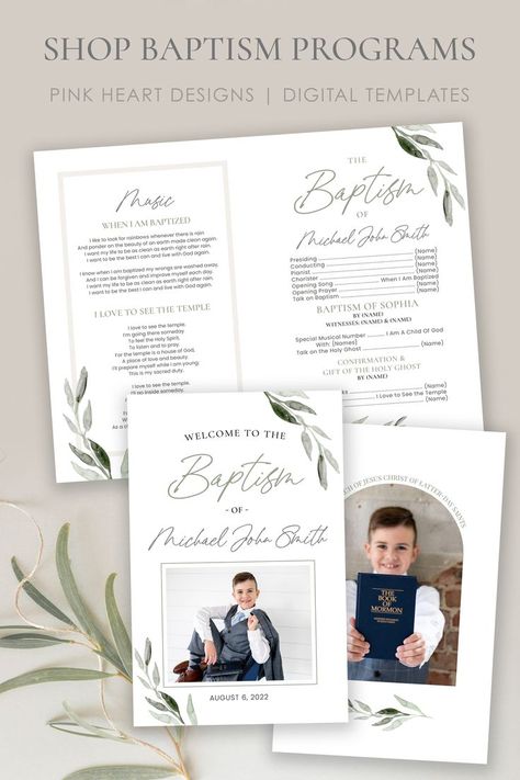 LDS Baptism Program Add a special touch to you son's baptism day with this editable BAPTISM PROGRAM. Easily add your text and photos to the program template and print today! Edit in your web browser, no software needed! #ldsbaptism #boybaptismprogram #baptismprogramtemplate #ldsbaptismprogram #boybaptismlds Baptism Program Template, Lds Baptism Program, When I Am Baptized, Baptism Program, Lds Baptism, Heart Designs, Boy Baptism, Baptism Invitations, Program Template