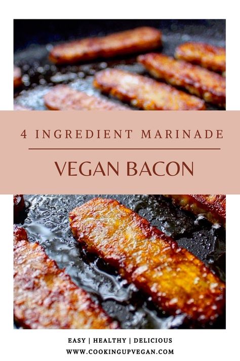 4 ingredient marinade vegan tempeh bacon sizzling in a pan. Tempeh Bacon Recipe, Vegan Bacon Recipe, Blt Sandwiches, Vegan Blt, Vegan Meat Recipe, Vegan Soul Food, Tempeh Bacon, Plant Based Diet Recipes, Bacon Recipe