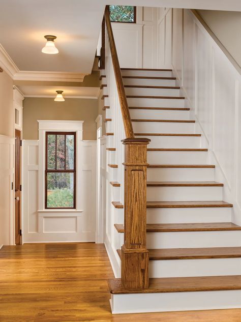 Cost To Finish Basement, Craftsman Staircase, Craftsman Interior Design, Craftsman Home Interiors, Stairs Renovation, Craftsman Interior, House Staircase, Staircase Remodel, Staircase Makeover