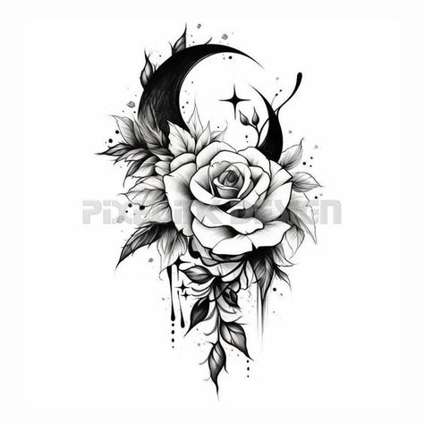 Rose with a Moon Tattoo Design Rose And Moon Tattoo Design, Flower Tattoo Background, Moon And Flower Tattoo, A Moon Tattoo, Tattoo Fillers, Moon Tattoo Design, 2024 Tattoo, Printable Tattoos, Kunst Tattoos