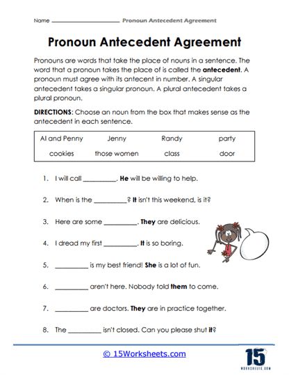 Matching Nouns and Pronouns Worksheet - 15 Worksheets.com Pronoun Antecedent Agreement Worksheet, Grade 6 Worksheets, Pronoun Worksheet, Pronoun Antecedent Agreement, Pronouns Worksheet, Nouns And Pronouns, Holiday Science, Word Boxes, Kindergarten Social Studies