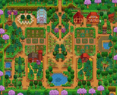 Stardew Valley Farm, Stardew Farms, Stardew Valley Layout, Stardew Valley Tips, Stardew Valley Farms, Top Farm, Farm Layout, Farm Design, Stardew Valley