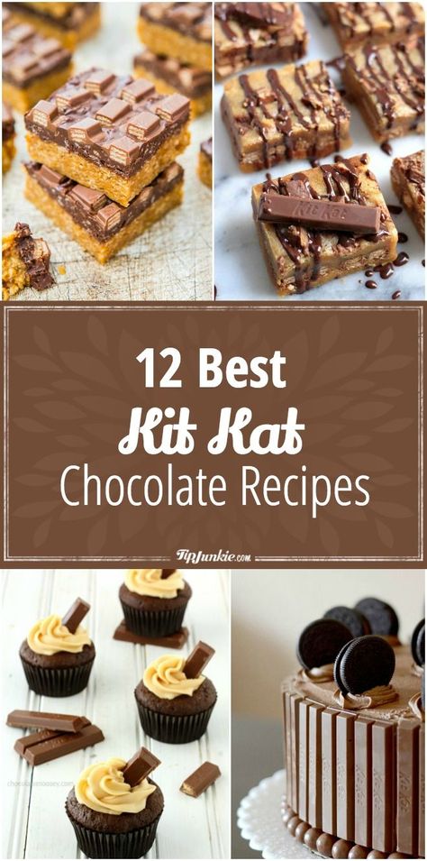 If you love KitKat candy bars, then you are going to drool over these dessert recipes using Kit Kats! They’re a combination of crispy chocolate wafers covered in milk chocolate, so I can’t think of anything NOT to love. These recipes are easy to make and mouth-wateringly delicious. You are going to love these step-by-step kit kat recipes which will definitely hit the spot! Find more ideas at Tipjunkie.com. Kitkat Cookies Recipes, Kit Kat Recipes, Kitkat Chocolate, Kitkat Cake, Baked Desserts, Easy Crafts To Sell, Construction Paper Crafts, Edible Crafts, Cooking Easy