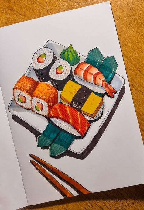 Food Marker Art, Illustration Marker Art, Food Sketch Pencil, Marker Art Ideas Easy, Watercolor Art Food, Drawing Of Food, Food Drawing Sketches, Watercolor Marker Art, Food Drawing Ideas