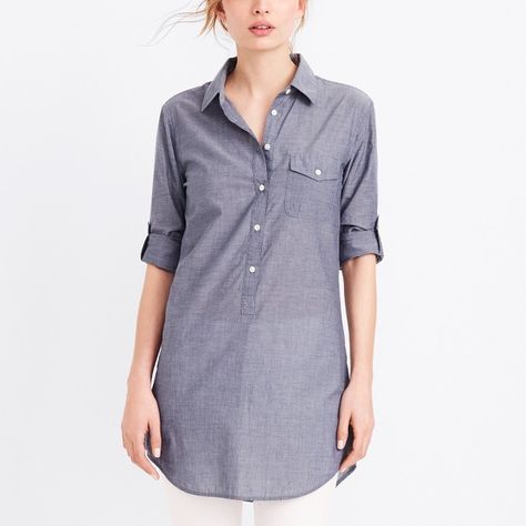 Popover tunic Tunics With Leggings, Chambray Tunic, Denim Tunic, Plaid Tunic, Jcrew Women, Tunic Shirt, Long Sleeve Tunic, J Crew Factory, Printed Blouse