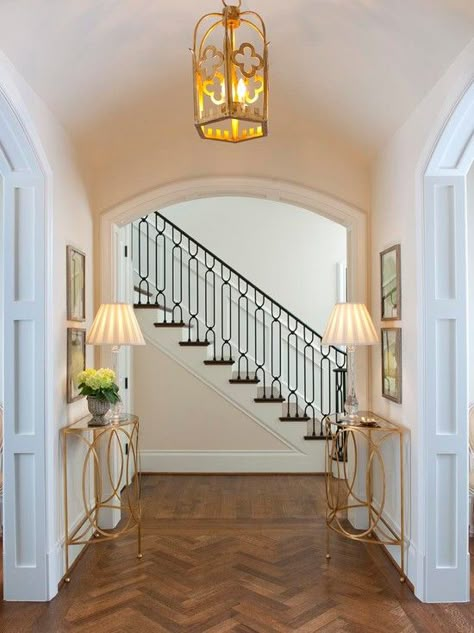 Entryway Tile, Wood Floor Design, Iron Stair Railing, Herringbone Wood Floor, Herringbone Wood, Herringbone Floor, Staircase Railings, Foyer Decorating, Lan Can