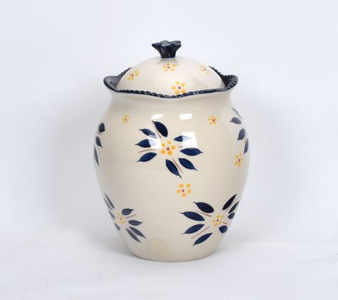 Old World Cookie Jar by Temp-tations Ovenware - $17.95 - Includes cookie jar and lid - Hand-painted Old World pattern -  Ceramic construction - Dishwasher-, microwave-, refrigerator-, freezer-safe; oven safe to 500F - Measures 6-1/4" x 6-1/4" x 9" -  3-year Limited Manufacturer's Warranty -  Imported - From QVC - saved 5-27-20 Hand Painted Cookies, Pottery Jars, Paint Cookies, Ceramic Cookie Jar, Jar Design, Advanced Ceramics, Pottery Painting Designs, Biscuit Jar, Ceramic Jars